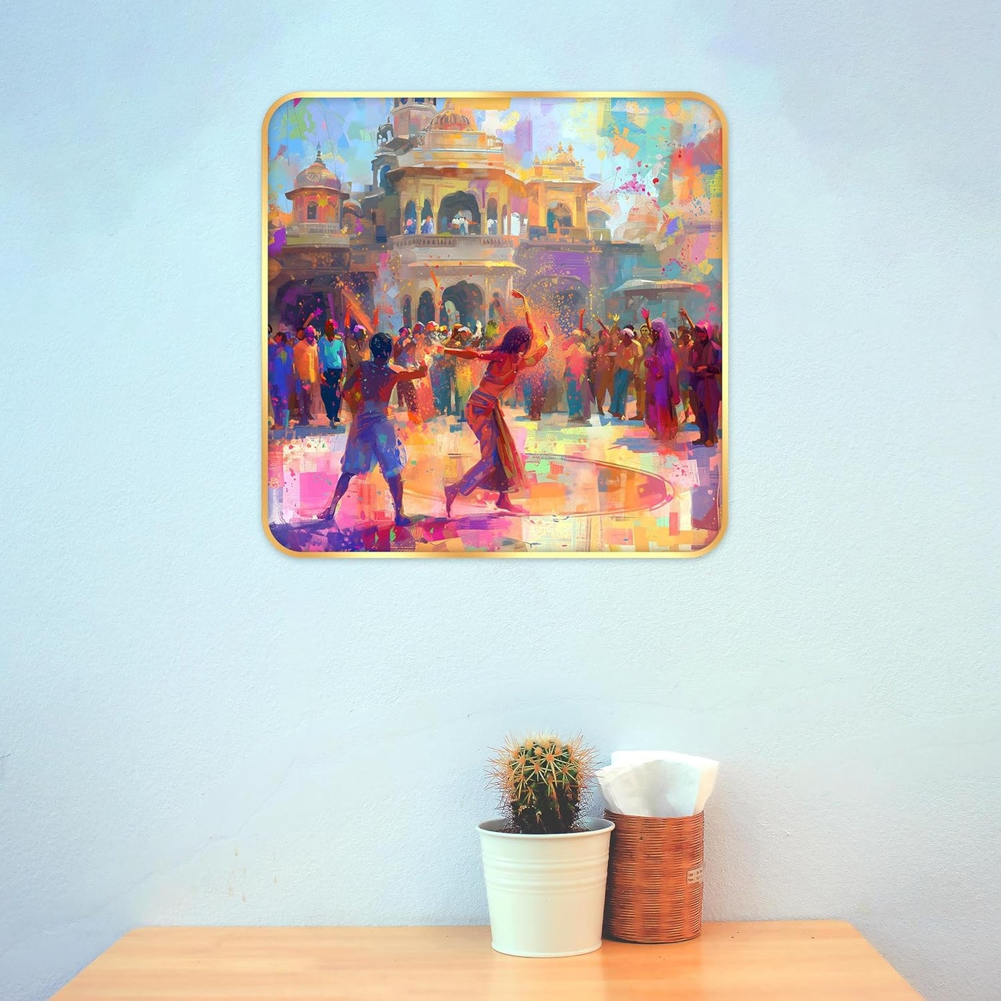 Indianara Beautiful Ancient Indian Holi Celebration Art Print with Golden Frame, Traditional Portrait, 40 cm x 40 cm, Premium Sparkle Lamination