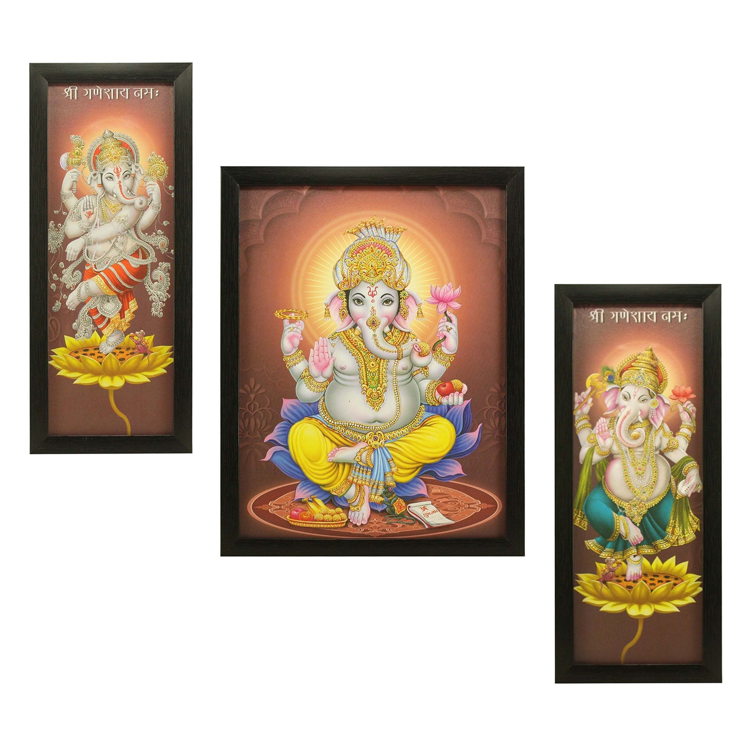 Indianara 3 PC Set of Lord Ganesha Paintings (1164) Without Glass 5.2 X 12.5, 9.5 X 12.5, 5.2 X 12.5 INCH-Multicolour