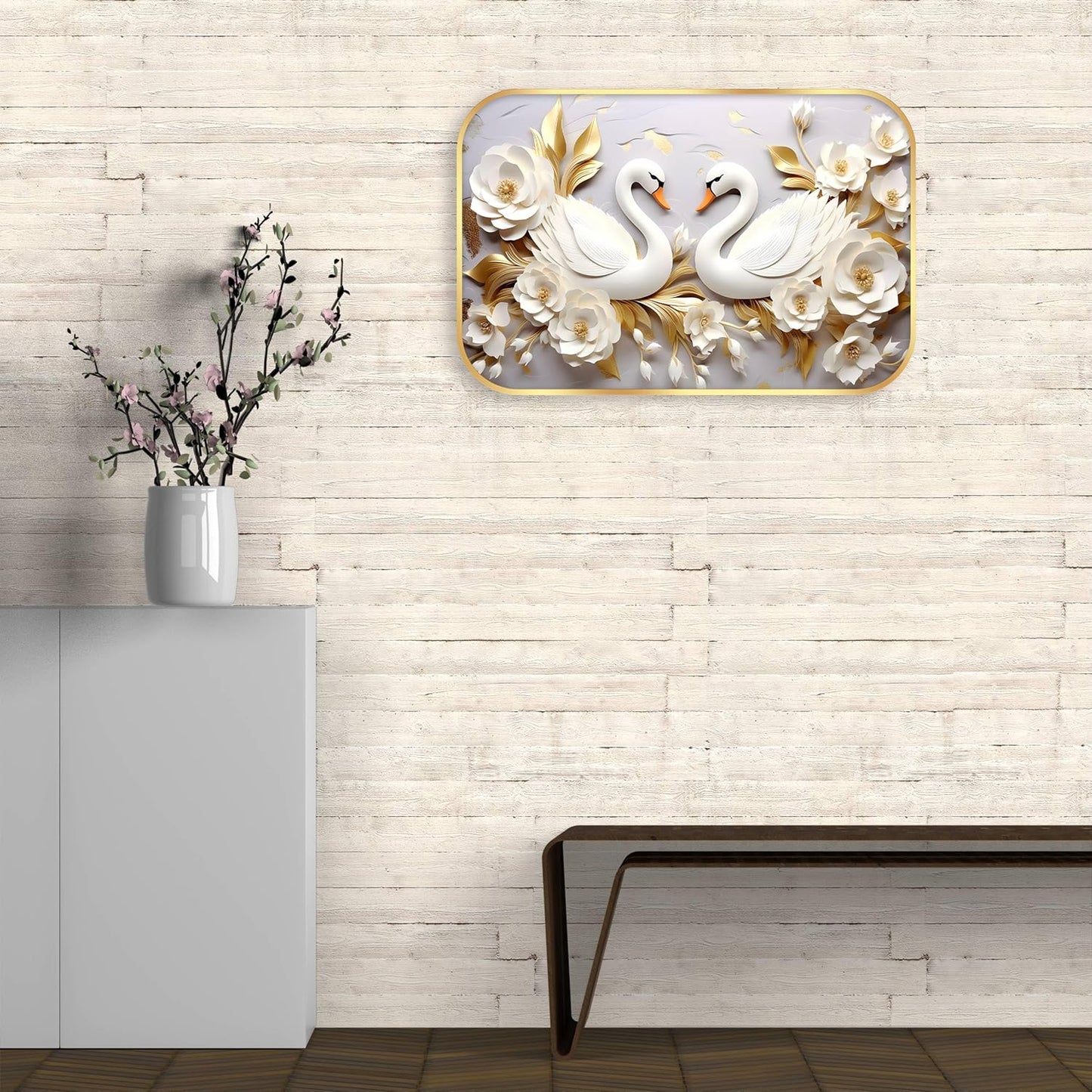 Indianara White Swan Wall Art with Gold Roses, Digital Print, Gold Frame, 45 x 30 cm, Landscape