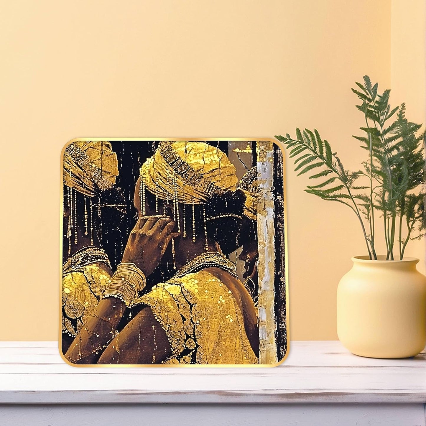 Indianara Tribal Art Wall Painting, Modern Design, Golden Frame, 40 cm x 40 cm, Premium Sparkle Lamination (6602)