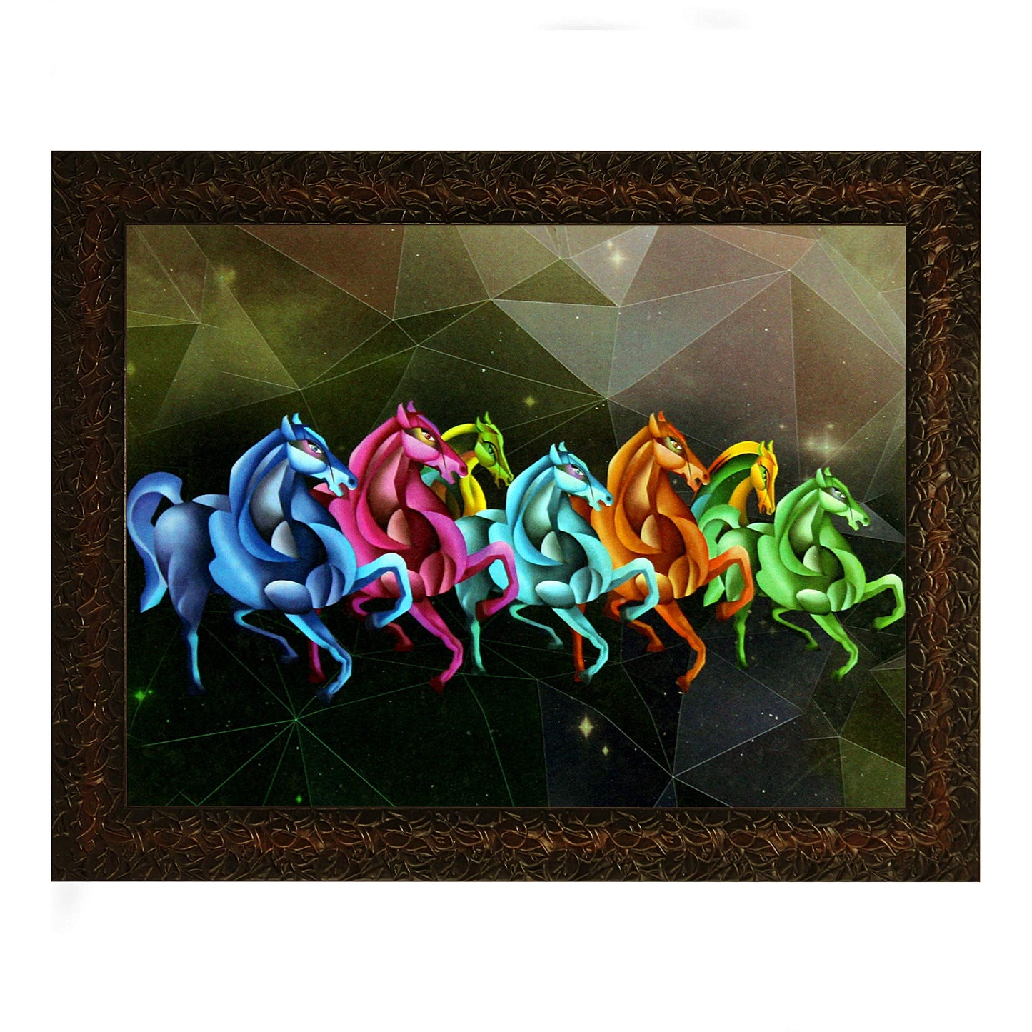 Indianara Vastu Seven Running Horses Painting -Synthetic Wood, 27x30.5x1cm, Multicolour (Style 5)