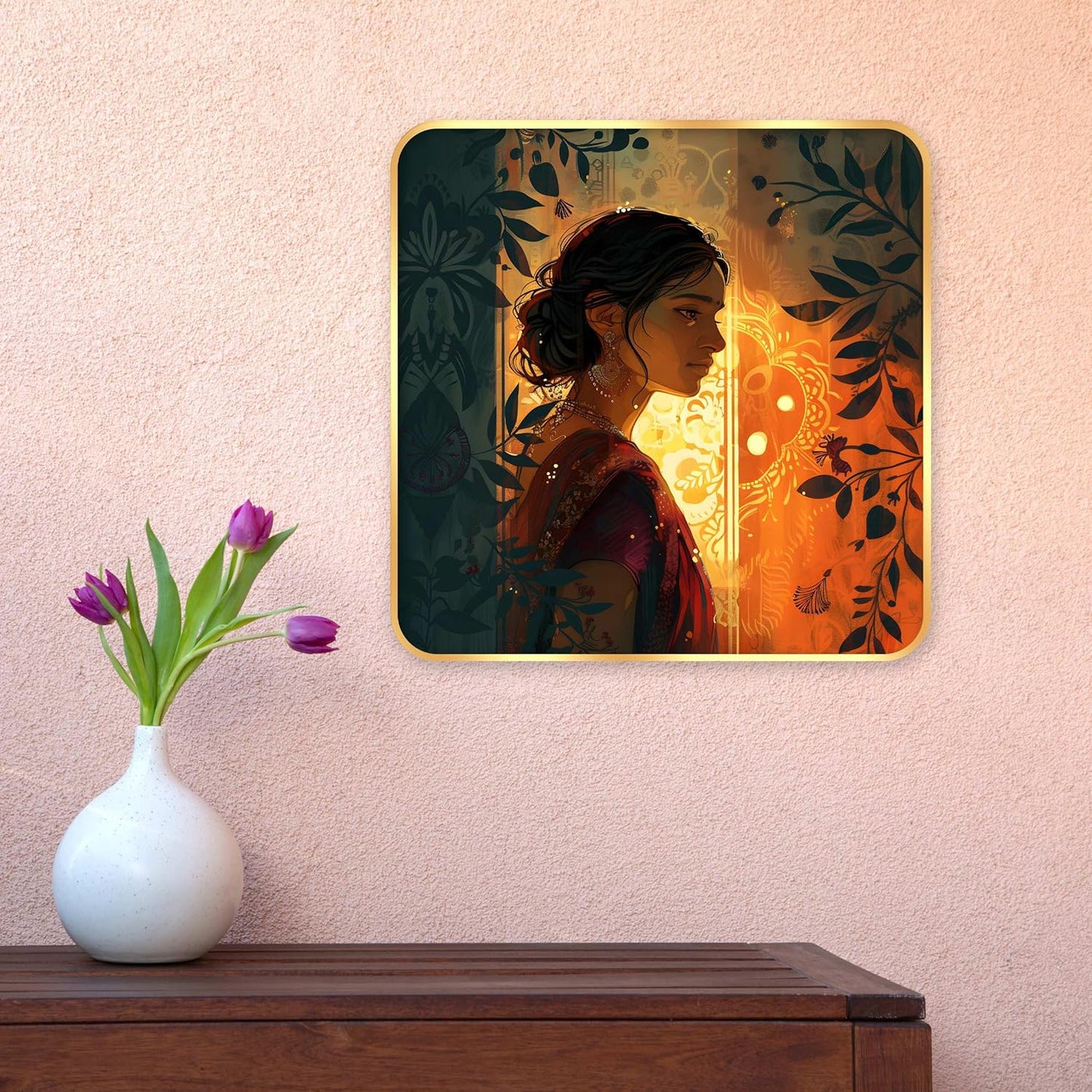 Indianara Beautiful Indian Woman Art Print with Golden Frame, Traditional Portrait, 40 cm x 40 cm, Premium Sparkle Lamination