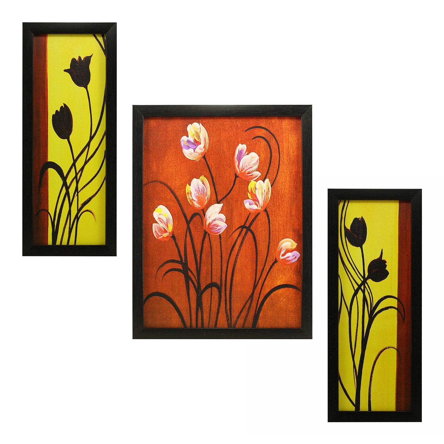 Indianara 3 Pc Set of Floral Paintings (1056) Without Glass 5.2 X 12.5, 9.5 X 12.5, 5.2 X 12.5 Inch-Multicolour