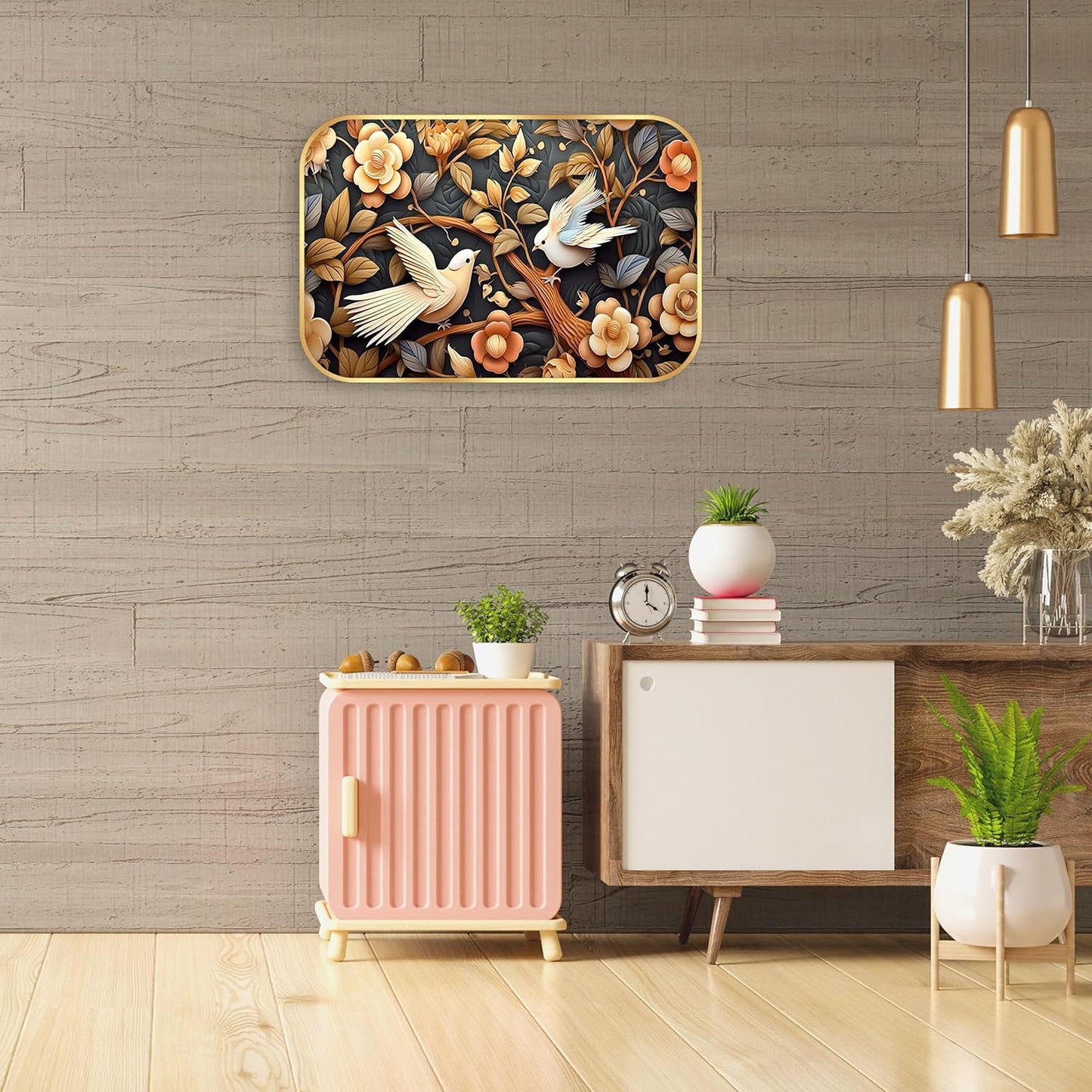 Indianara Birds and Flowers Digital Wall Art, Golden Frame with Premium Lamination, 45 x 30 cm, Black and Gold