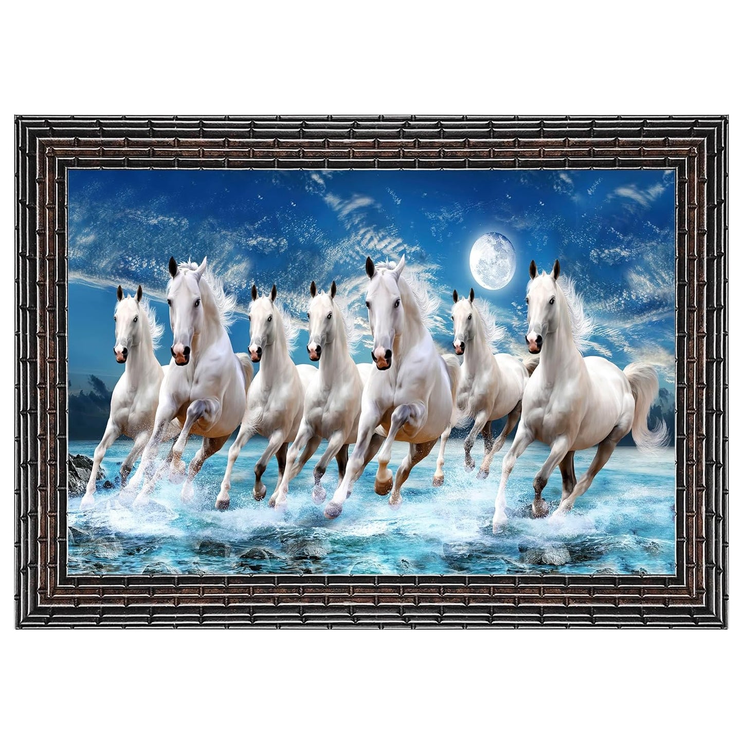 Indianara Vastu Runing Seven Horses Painting With Frame 13 Inches X 10 Inches (Style 1)