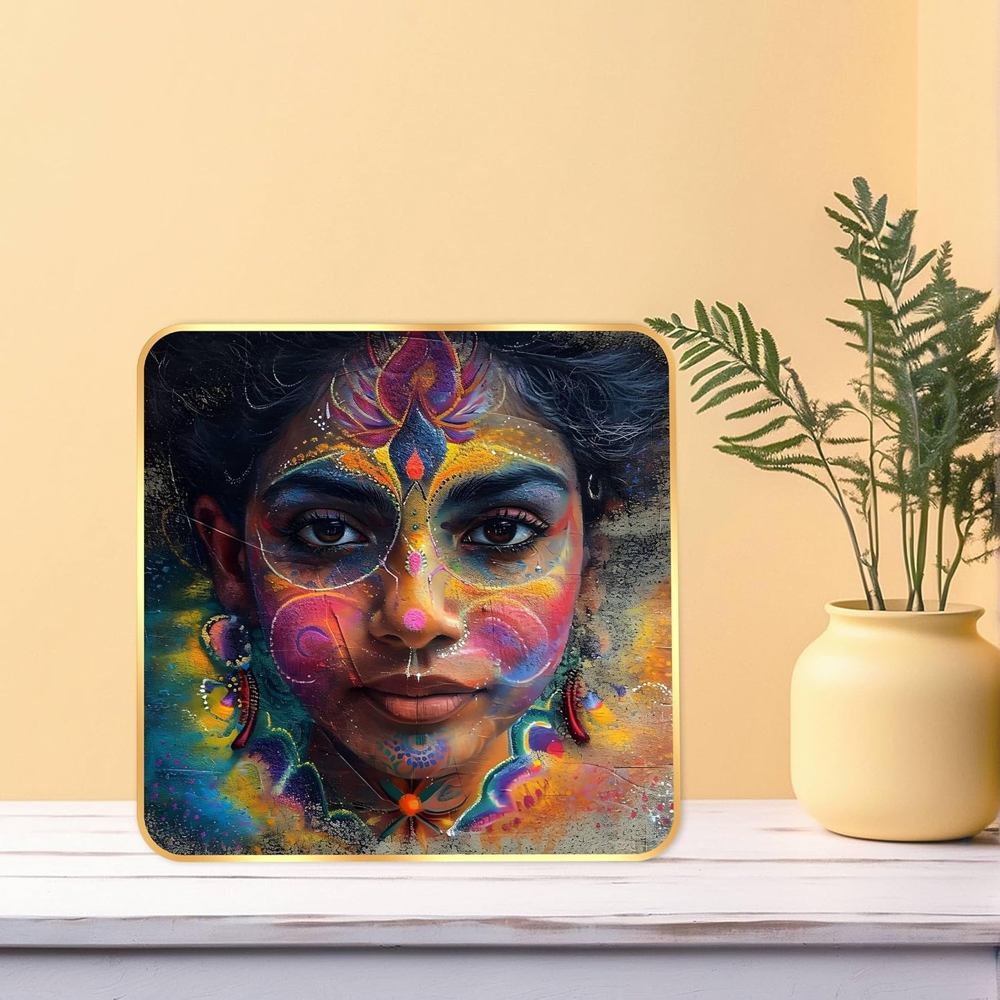 Indianara Beautiful Indian Woman Art Print with Golden Frame, Traditional Portrait, 40 cm x 40 cm, Premium Sparkle Lamination (6605)