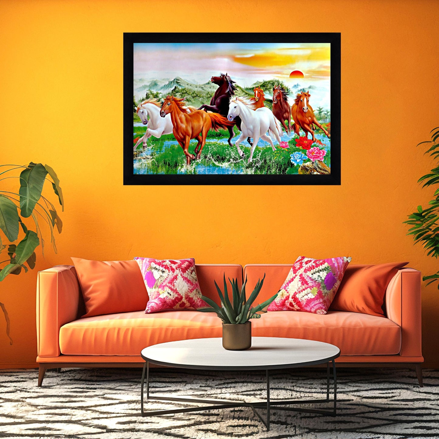 Indianara Vastu Running Seven Horse Painting With Frame 18 Inches X 12 Inches (Style1)