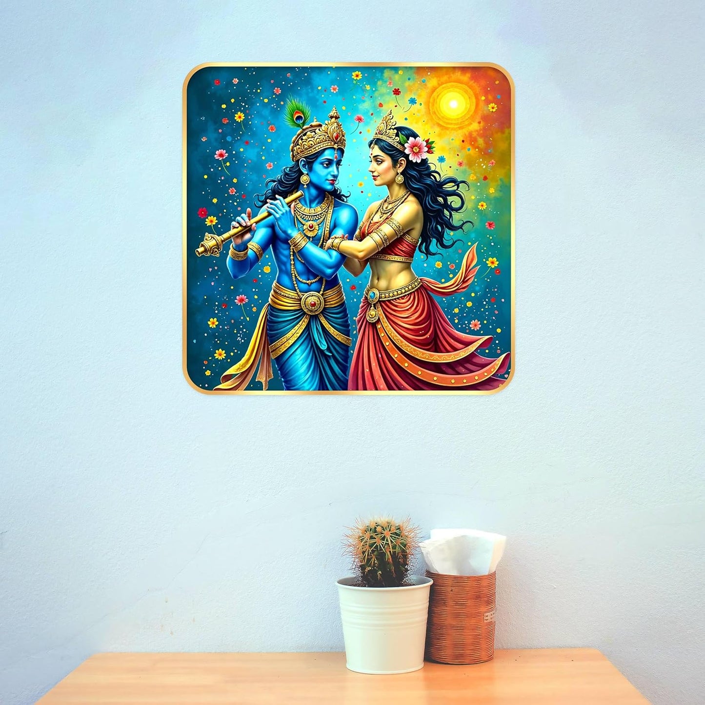 Indianara Traditional Radha Krishna Art Print, Golden Frame with Premium Sparkle Lamination, 40 cm x 40 cm (6673)