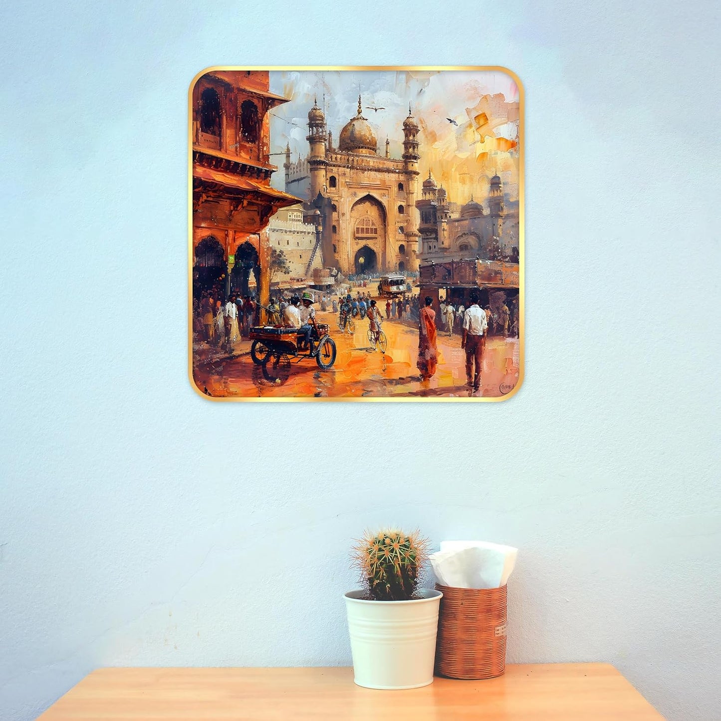 Indianara Ancient Indian Bazaar Scene Art Print, Golden Frame, Traditional Portrait, 40 cm x 40 cm, Premium Sparkle Lamination (6610)