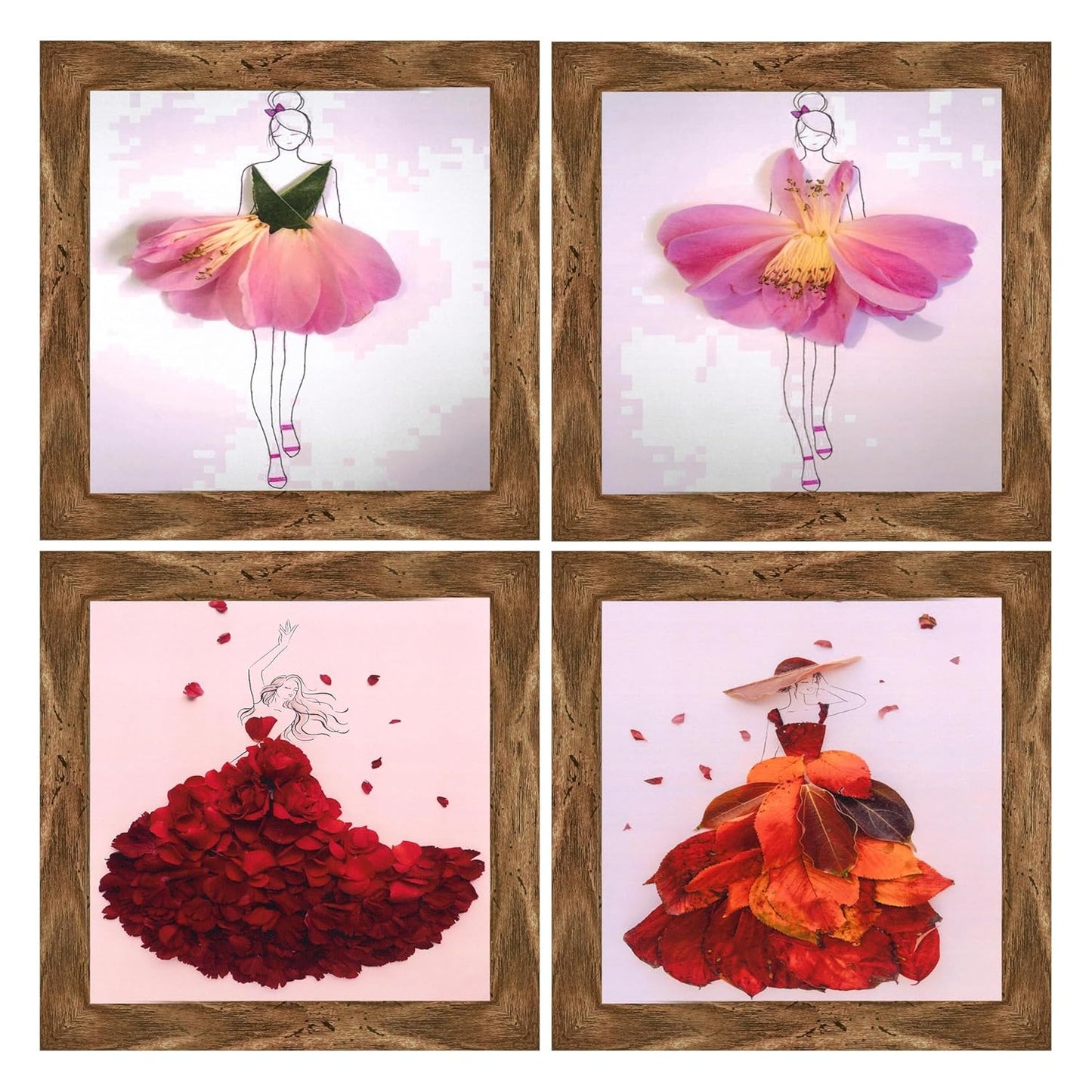 Indianara Fashion Wall Art Print Set, 4 Pieces Floral Dress Designs, 24.13 x 24.13 cm Each, Walnut Frames (6525 WNT)
