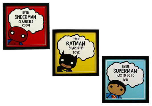 Indianara 3 Piece Set of Framed Wall Hanging Kids Room Decor Spiderman Batman Superman Art Prints 8.7 inch X 8.7 inch Without Glass-Multicolour