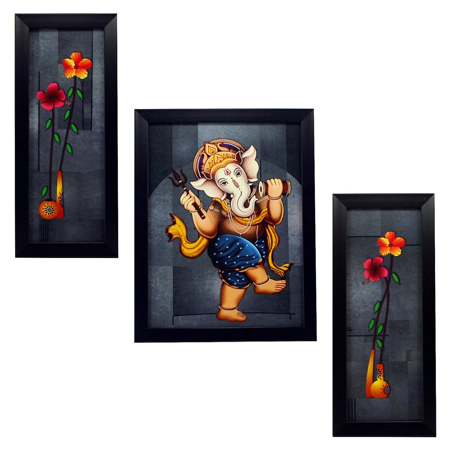 Indianara 3 PC Set of Lord Ganesha Paintings (1164) Without Glass 5.2 X 12.5, 9.5 X 12.5, 5.2 X 12.5 INCH-Multicolour