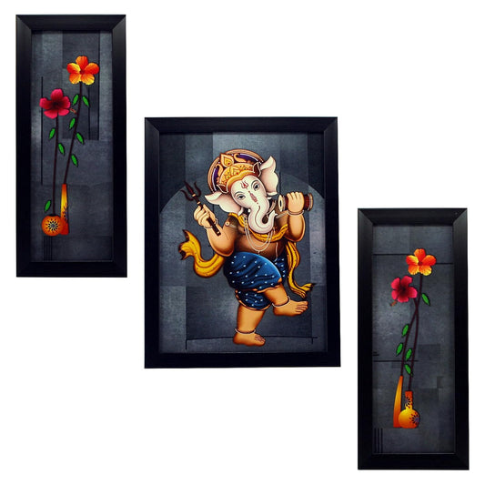 Indianara 3 PC Set of Lord Ganesha Paintings (1164) Without Glass 5.2 X 12.5, 9.5 X 12.5, 5.2 X 12.5 INCH-Multicolour
