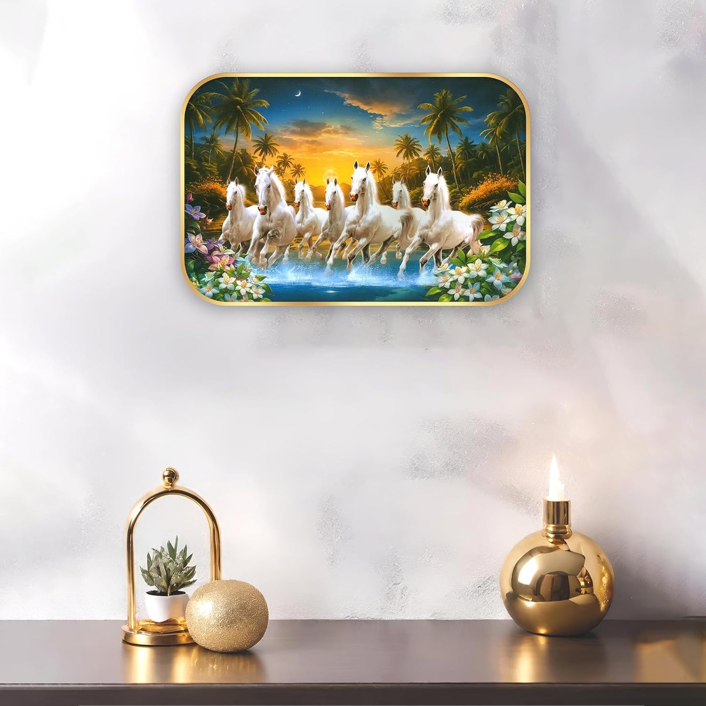 Indianara Seven Running White Horses Wall Art, Gold Frame, picturesque Scene, 45 x 30 cm (10908)
