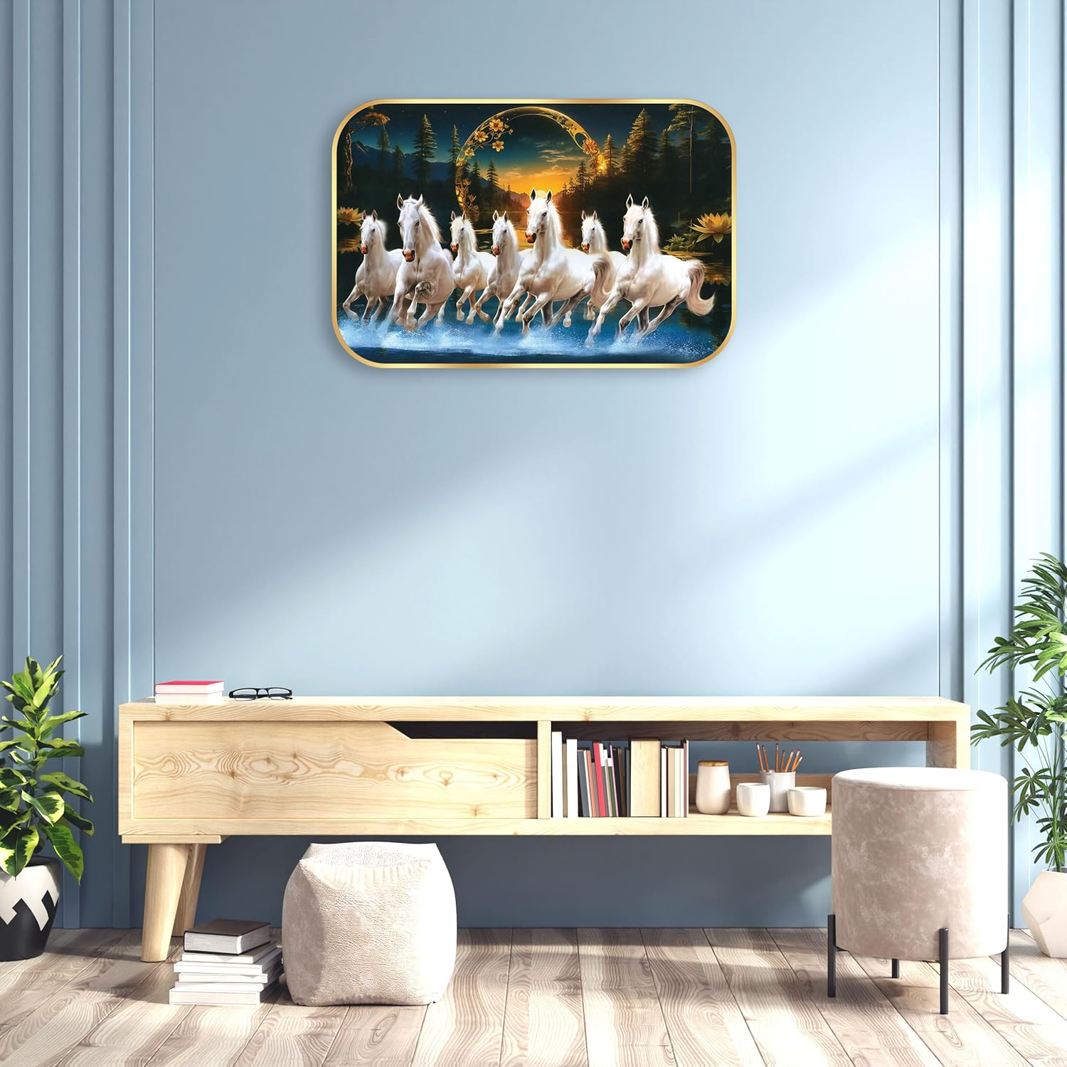 Indianara Seven Running White Horses Wall Art, Gold Frame, picturesque Scene, 45 x 30 cm (10903)