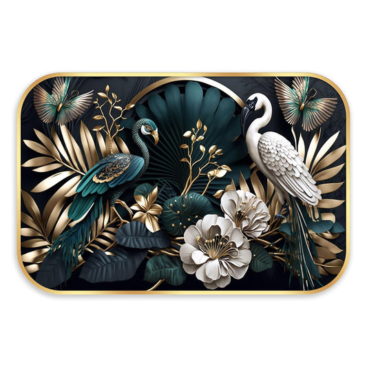 Indianara Luxury Wall Art, Peacock and Crane with Golden Foliage, Digital Print with Gold Frame, 45 x 30 cm, Black