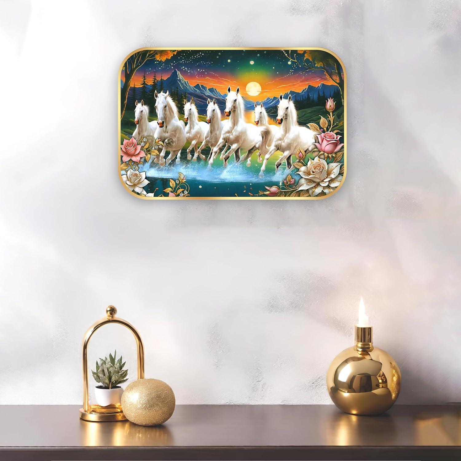 Indianara Seven Running White Horses Wall Art, Gold Frame, picturesque Scene, 45 x 30 cm (10910)