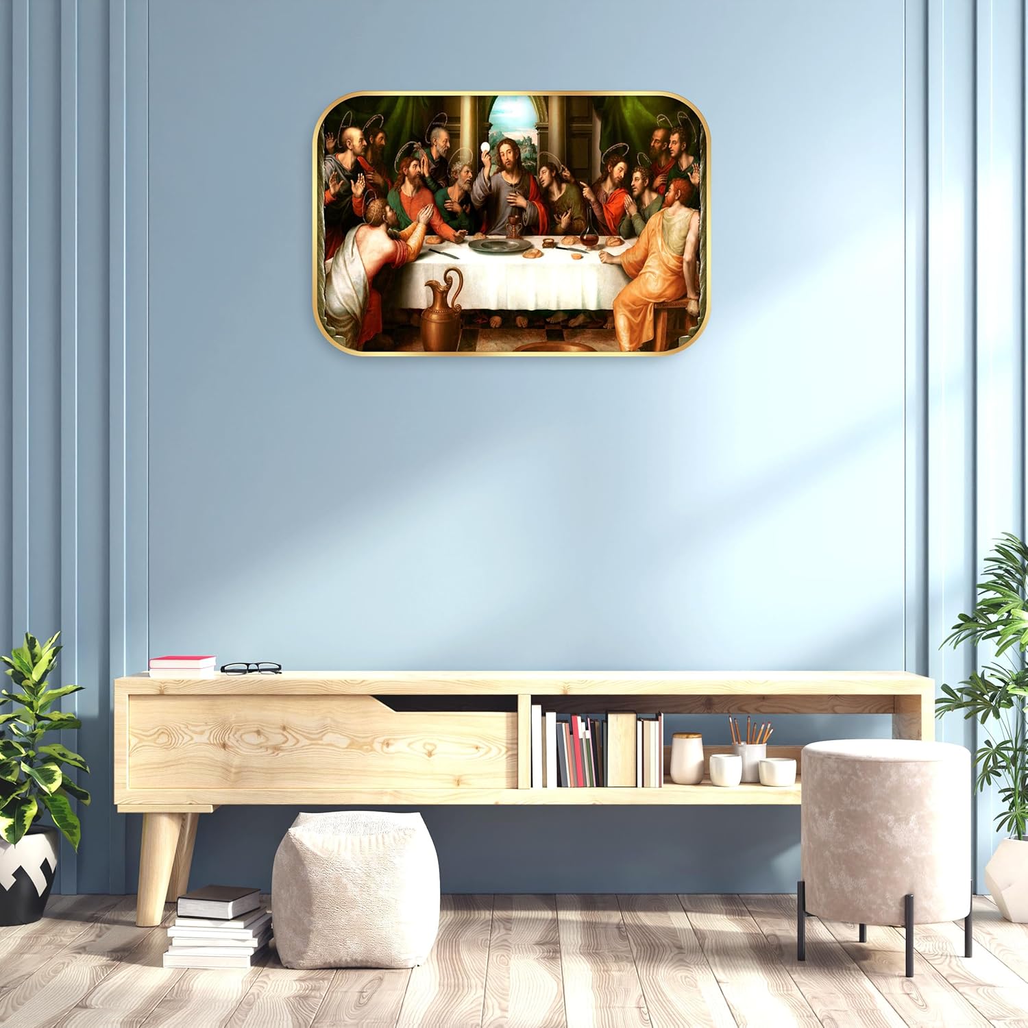 Indianara The Last Supper Wall Art, Golden Frame, 45 x 30 cm, Religious Digital Print, Matte Finish