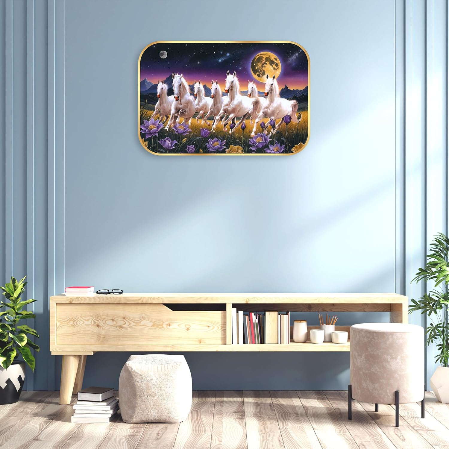 Indianara Seven Running White Horses Wall Art, Gold Frame, Night Scene with Purple Flowers, 45 x 30 cm (10911)