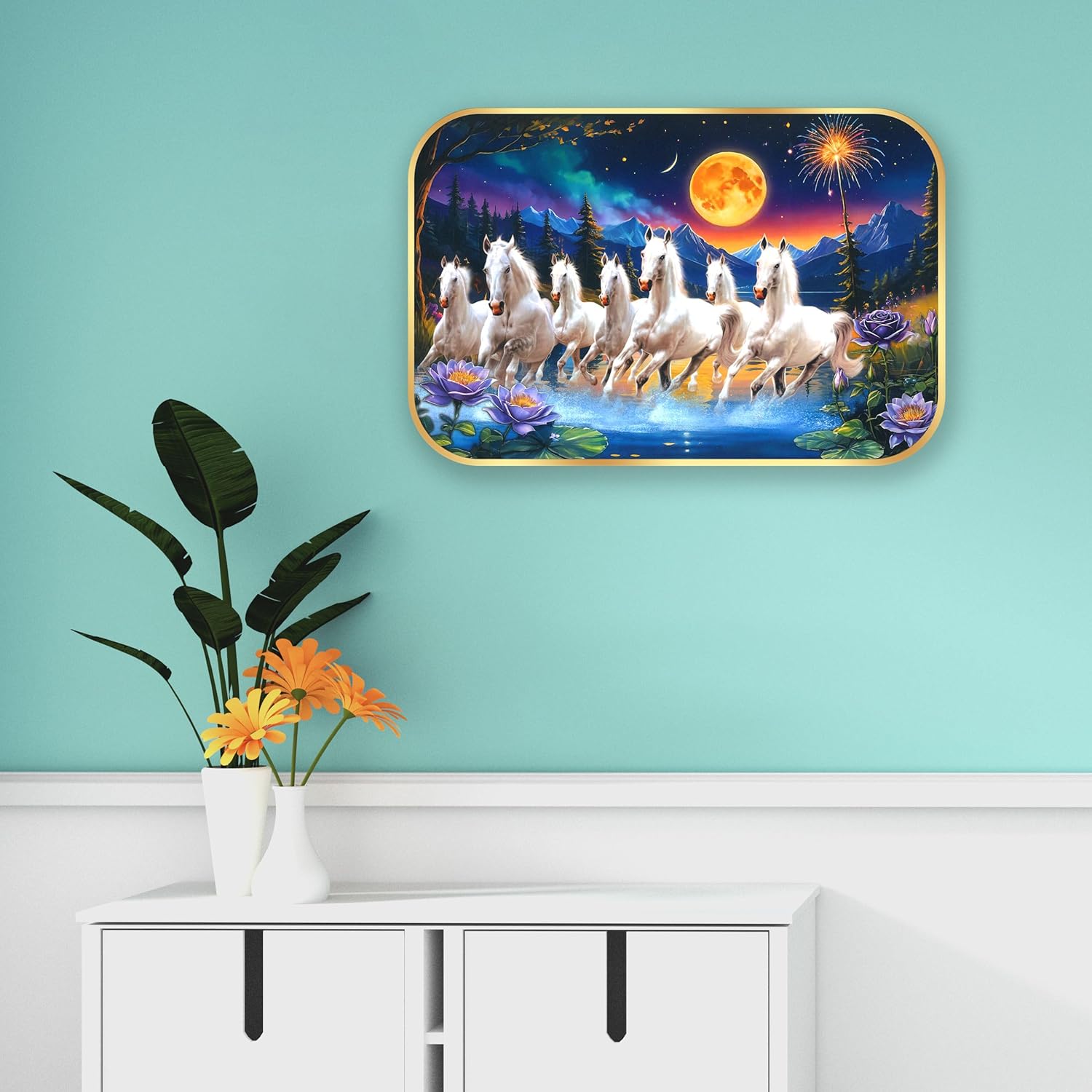 Indianara Seven Running White Horses Wall Art, Gold Frame, picturesque Scene, 45 x 30 cm (10905)
