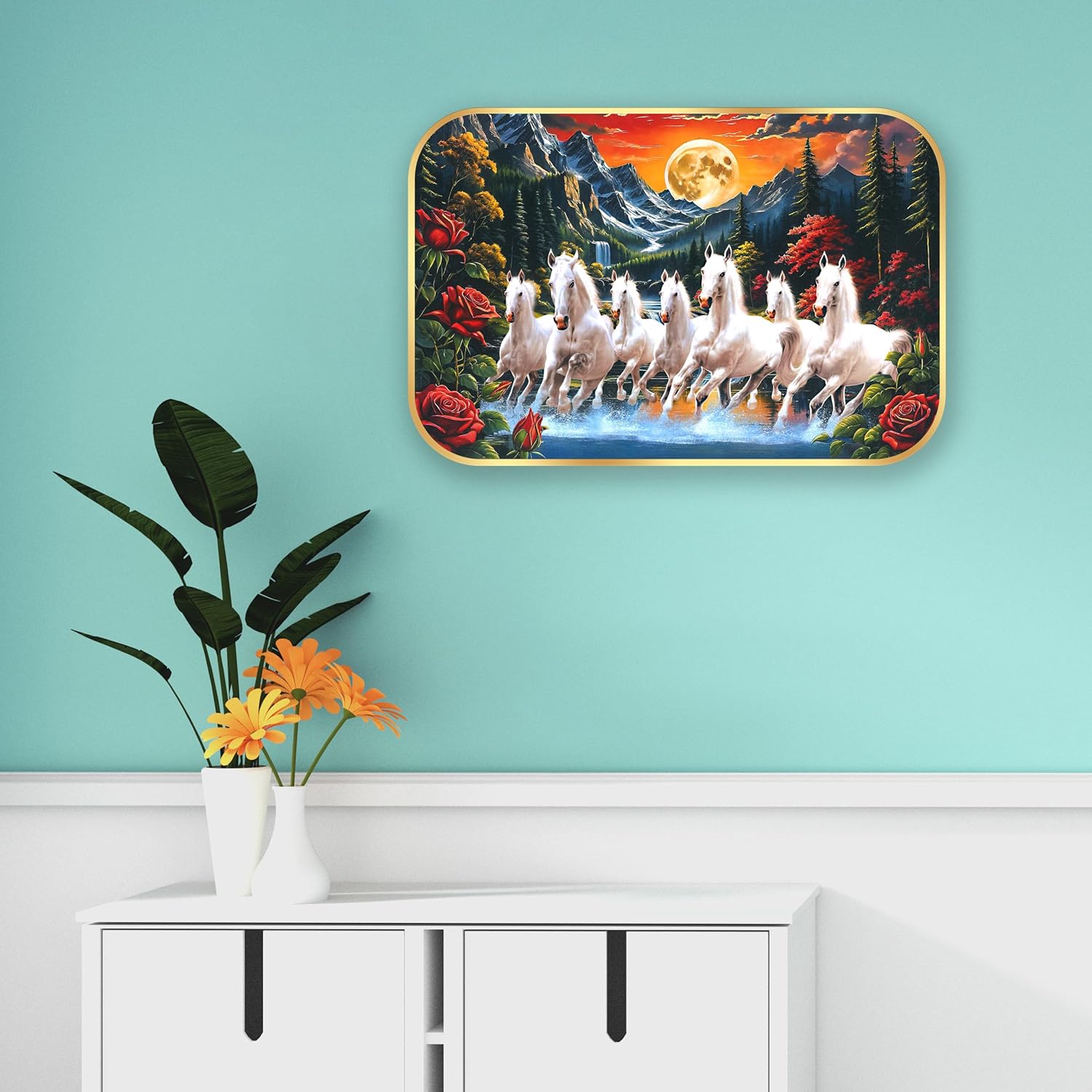 Indianara Seven Running White Horses Wall Art, Gold Frame, Night Scene with Purple Flowers, 45 x 30 cm (10913)
