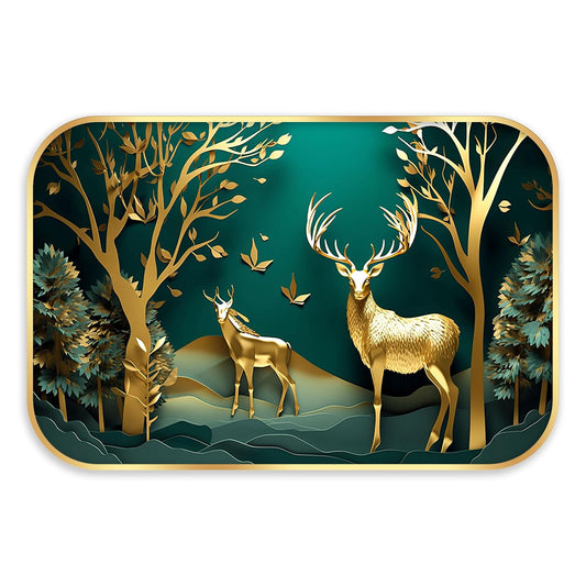 Indianara Golden Deer Forest Wall Art, Digital Print with Gold Frame, 45 x 30 cm, Emerald Green