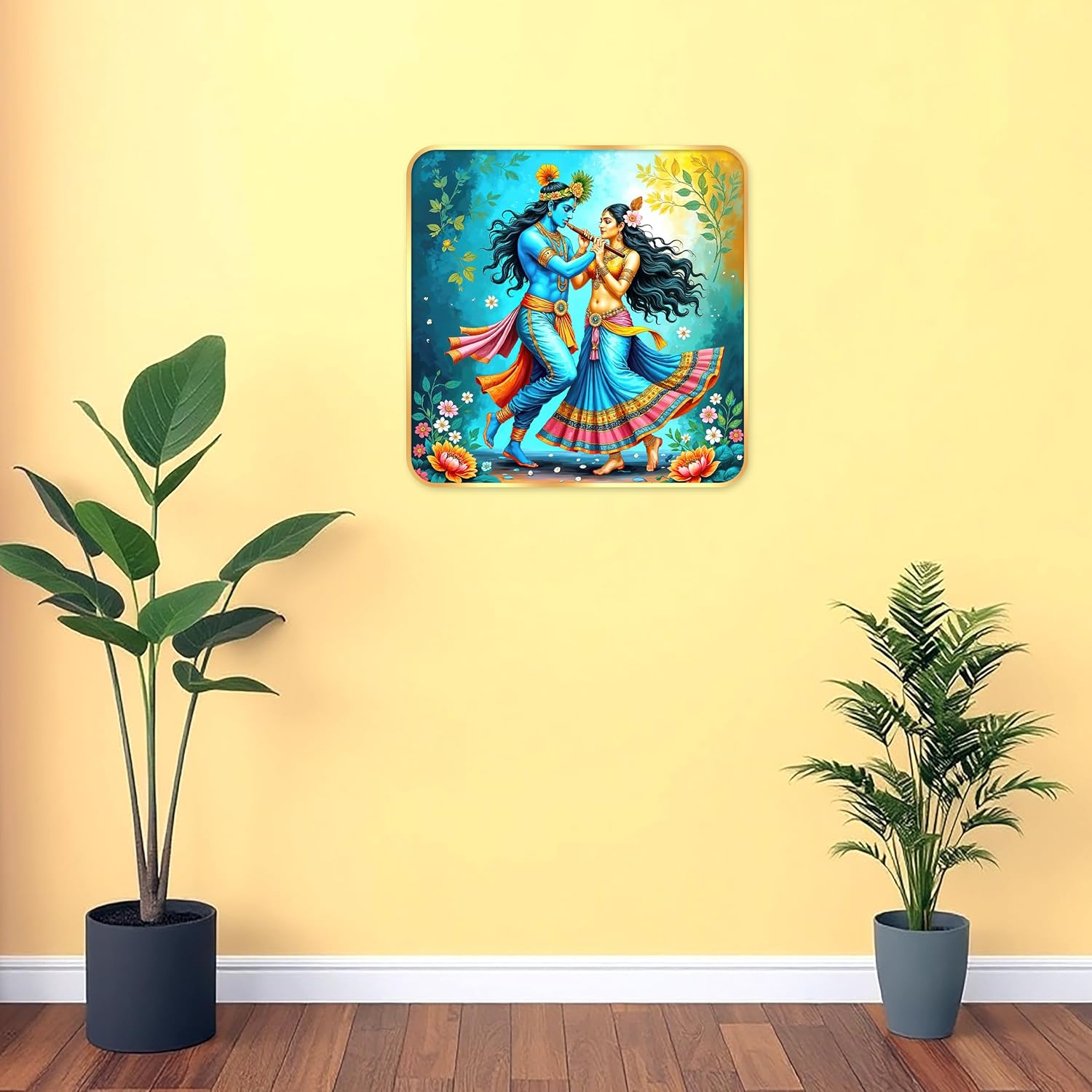 Indianara Traditional Radha Krishna Art Print, Golden Frame, Premium Sparkle Lamination, 40 cm x 40 cm (6674)