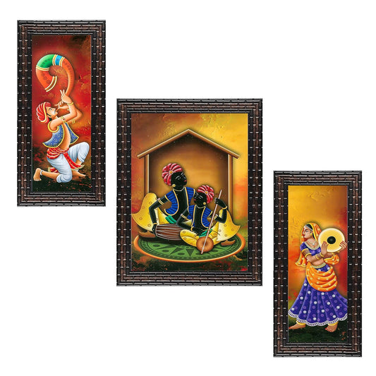 Indianara 3 PC Set of Rajasthani Folk Music & Dance Paintings (1084) Without Glass 6 X 13, 10.2 X 13, 6 X 13 inch-Multicolour