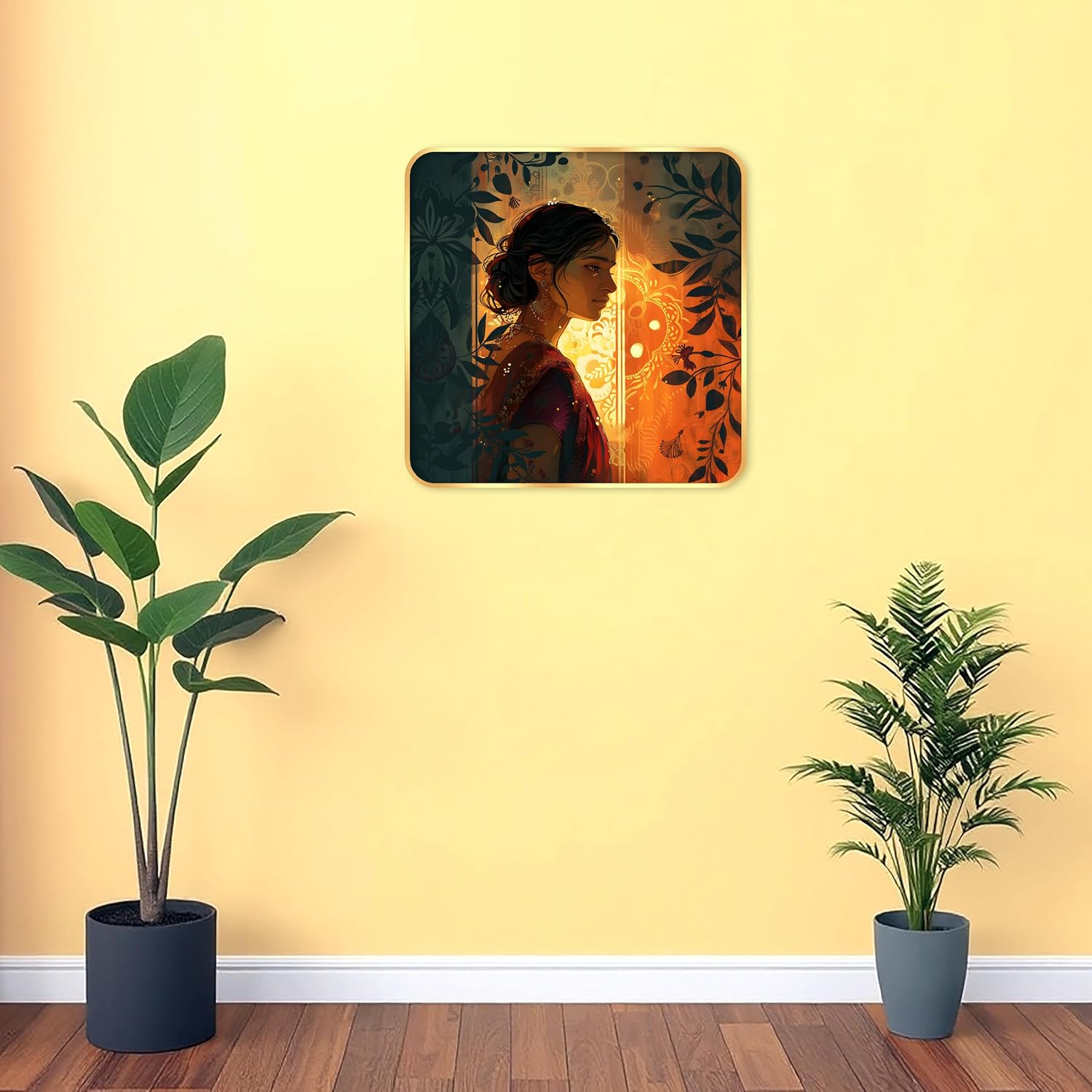 Indianara Beautiful Indian Woman Art Print with Golden Frame, Traditional Portrait, 40 cm x 40 cm, Premium Sparkle Lamination