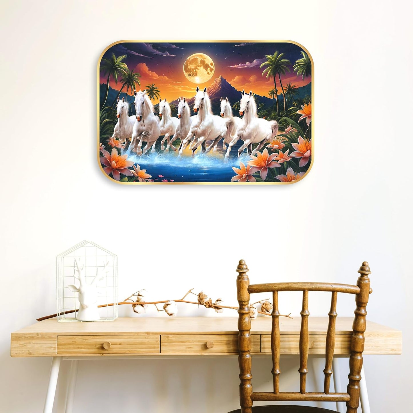 Indianara Seven Running White Horses Wall Art, Gold Frame, picturesque Scene, 45 x 30 cm (10907)