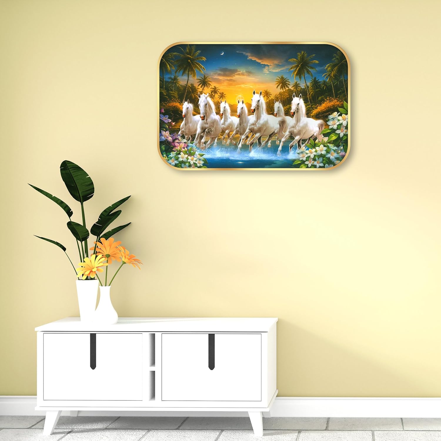 Indianara Seven Running White Horses Wall Art, Gold Frame, picturesque Scene, 45 x 30 cm (10908)