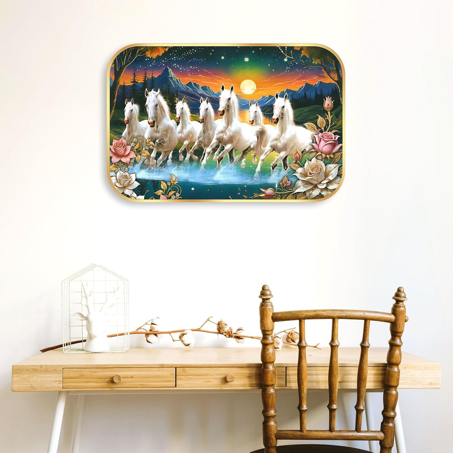 Indianara Seven Running White Horses Wall Art, Gold Frame, picturesque Scene, 45 x 30 cm (10910)