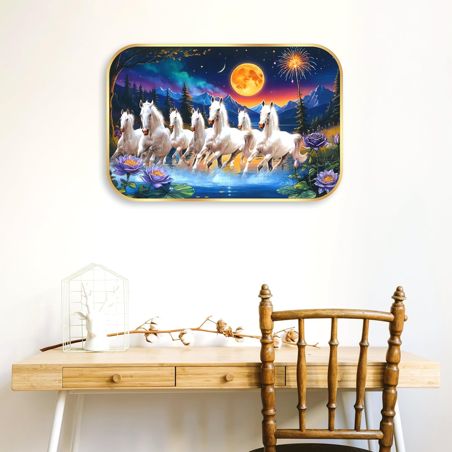 Indianara Seven Running White Horses Wall Art, Gold Frame, picturesque Scene, 45 x 30 cm (10905)