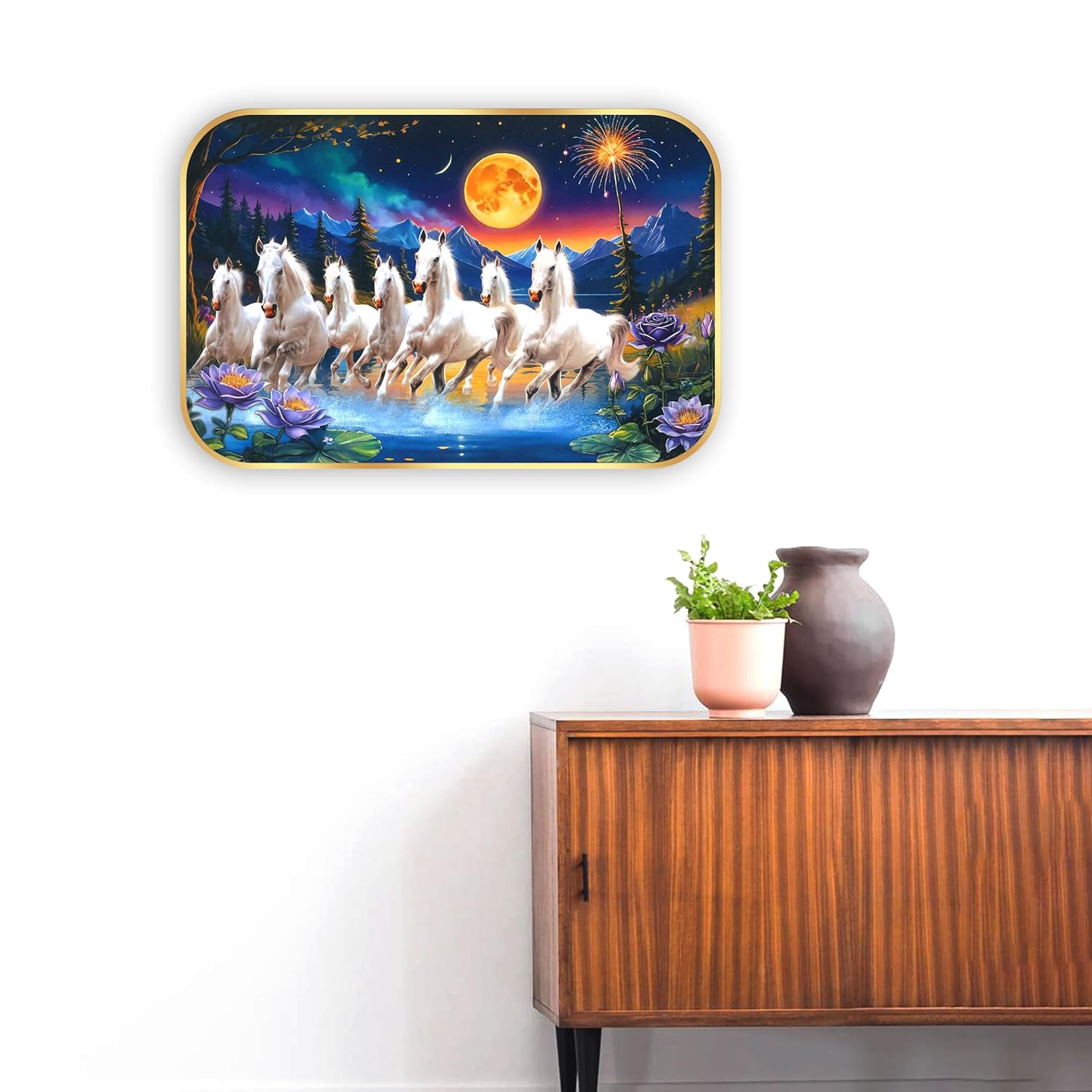 Indianara Seven Running White Horses Wall Art, Gold Frame, picturesque Scene, 45 x 30 cm (10905)