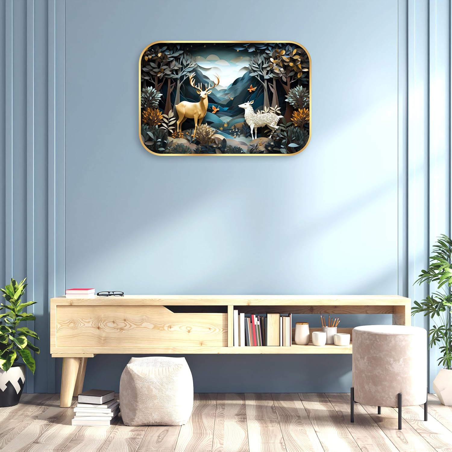 Indianara Enchanted Forest Wall Art, Gold Frame, 45 x 30 cm, Whimsical Deer Design, Indoor Decorative Print, Matte Finish