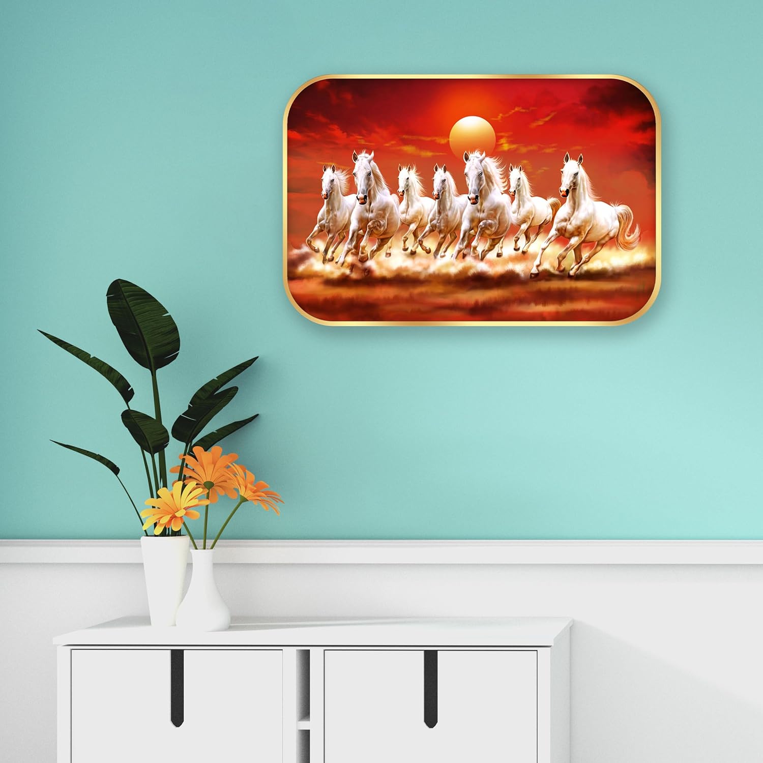 Indianara Seven Running White Horses Vastu Wall Art, Gold Frame, Digital Print, 45 x 30 cm (10927)