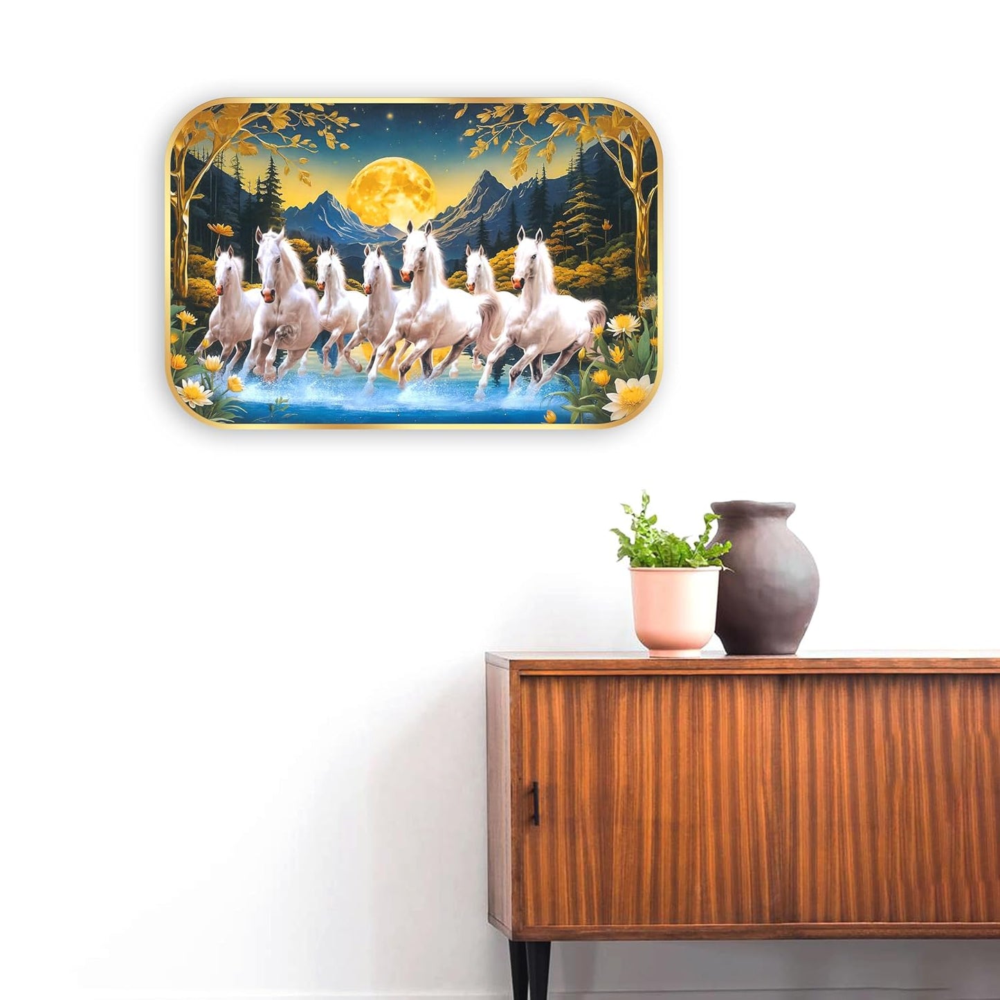 Indianara Seven Running White Horses Wall Art, Gold Frame, Night Scene with Purple Flowers, 45 x 30 cm (10916)
