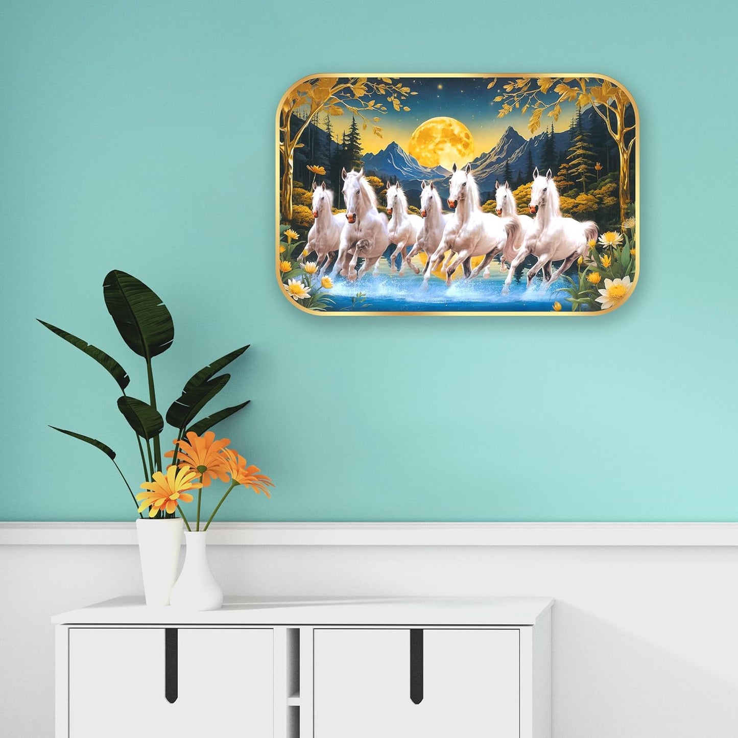 Indianara Seven Running White Horses Wall Art, Gold Frame, Night Scene with Purple Flowers, 45 x 30 cm (10916)