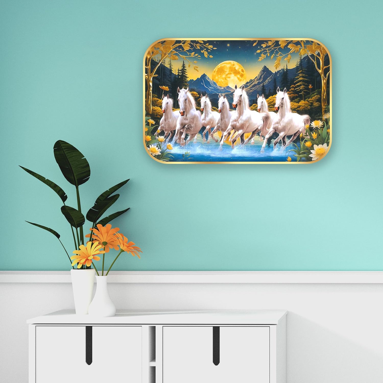 Indianara Seven Running White Horses Wall Art, Gold Frame, Night Scene with Purple Flowers, 45 x 30 cm (10916)