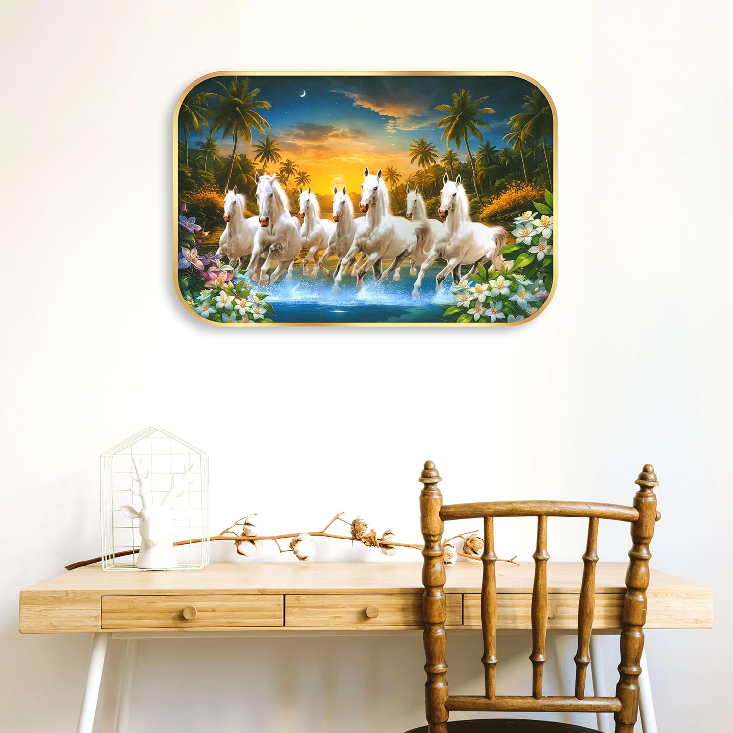 Indianara Seven Running White Horses Wall Art, Gold Frame, picturesque Scene, 45 x 30 cm (10908)
