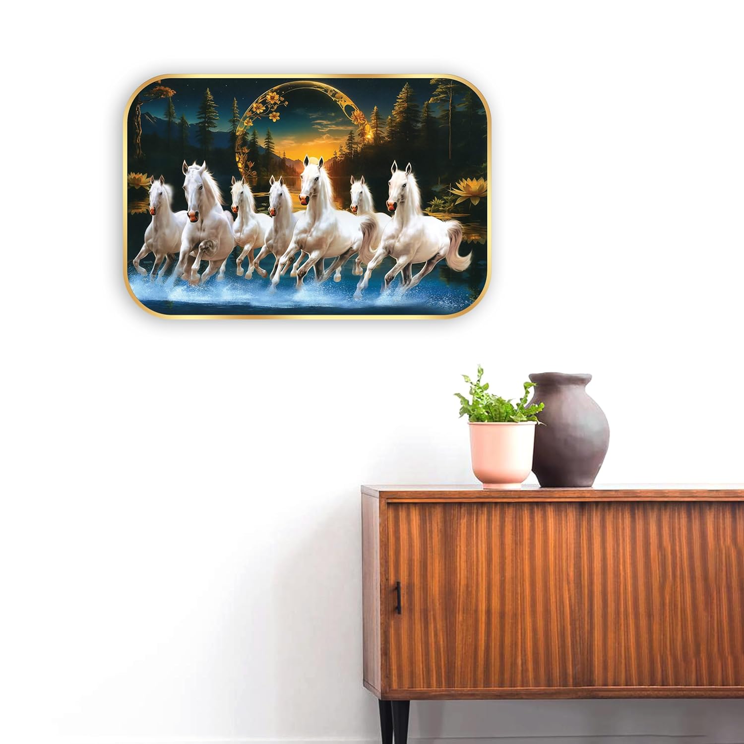 Indianara Seven Running White Horses Wall Art, Gold Frame, picturesque Scene, 45 x 30 cm (10903)