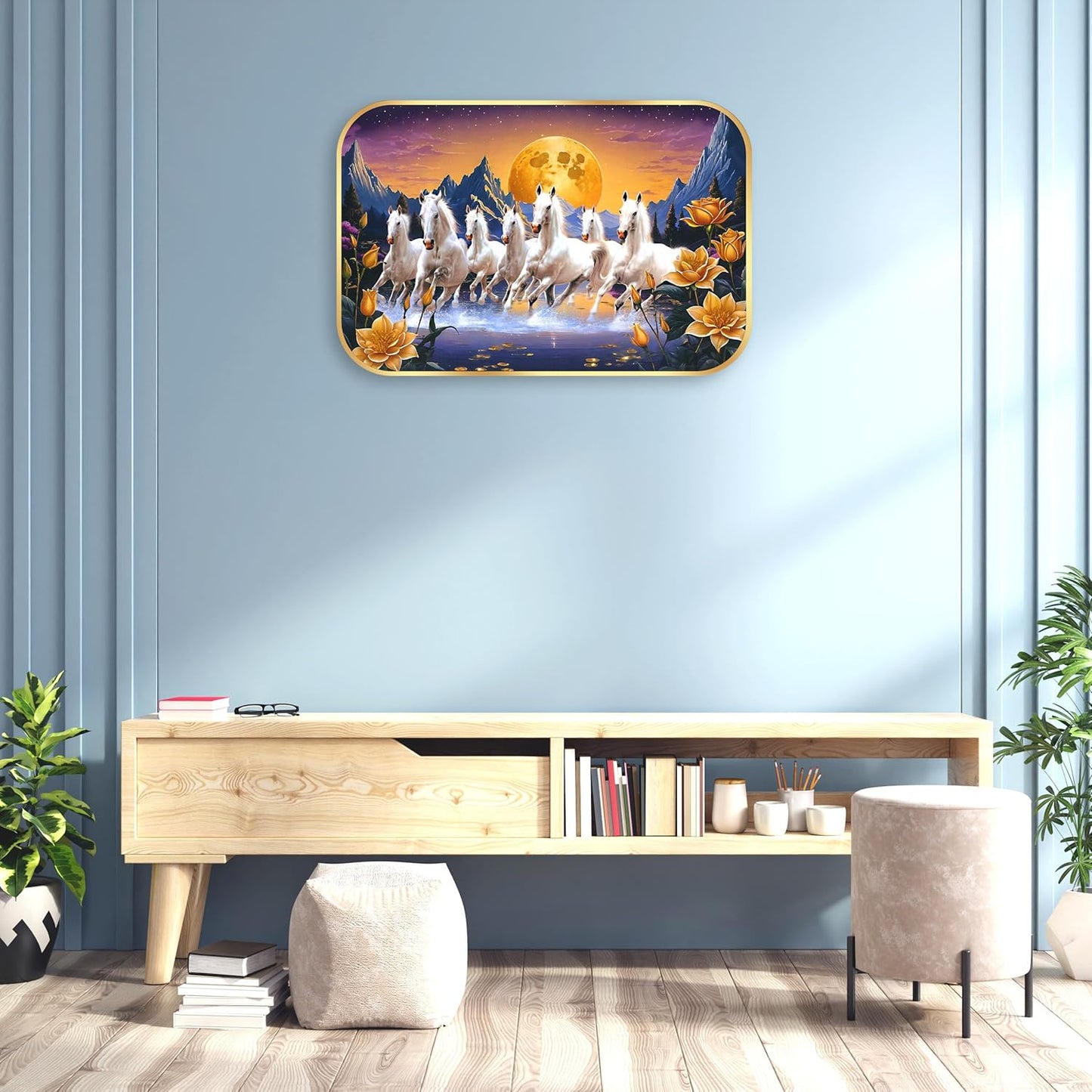 Indianara Seven Running White Horses Wall Art, Gold Frame, picturesque Scene, 45 x 30 cm (10906)
