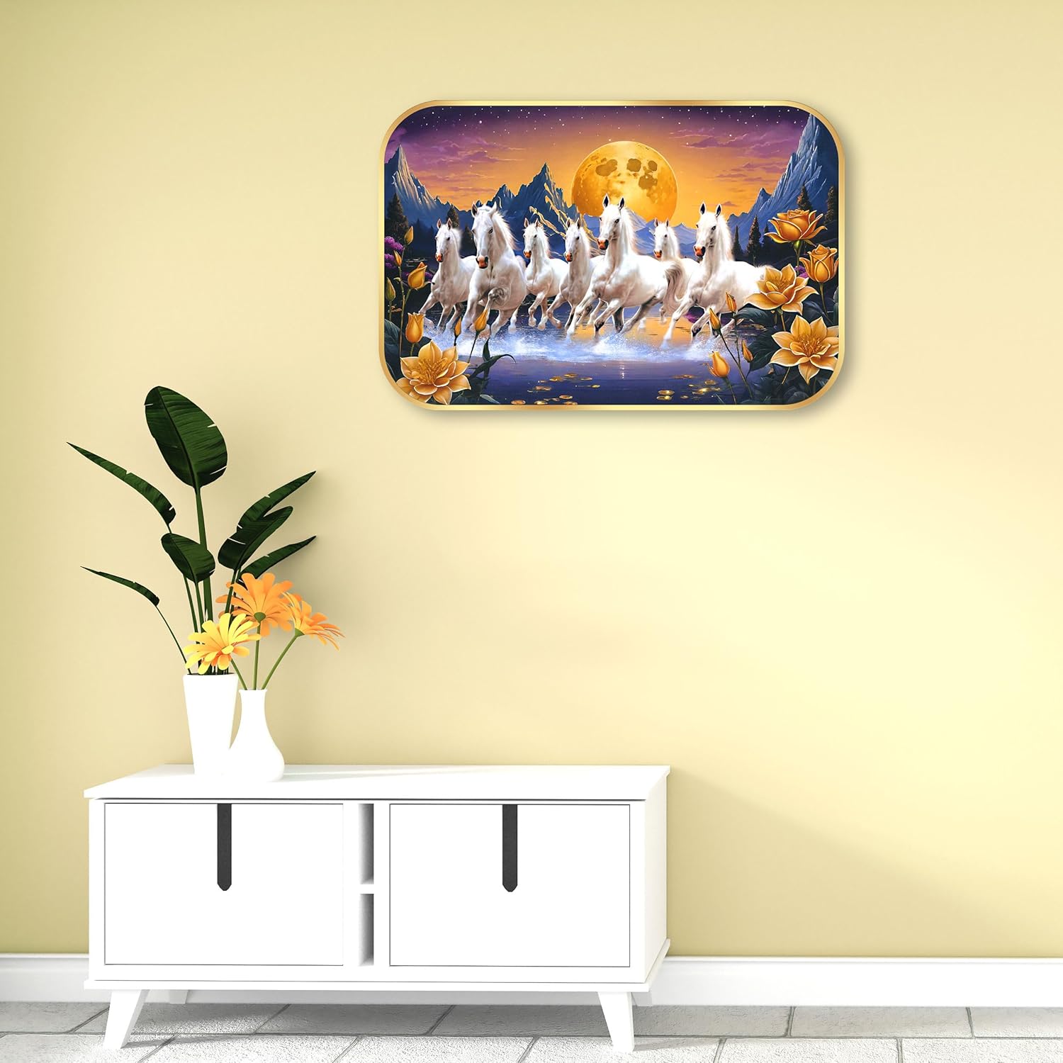 Indianara Seven Running White Horses Wall Art, Gold Frame, picturesque Scene, 45 x 30 cm (10906)