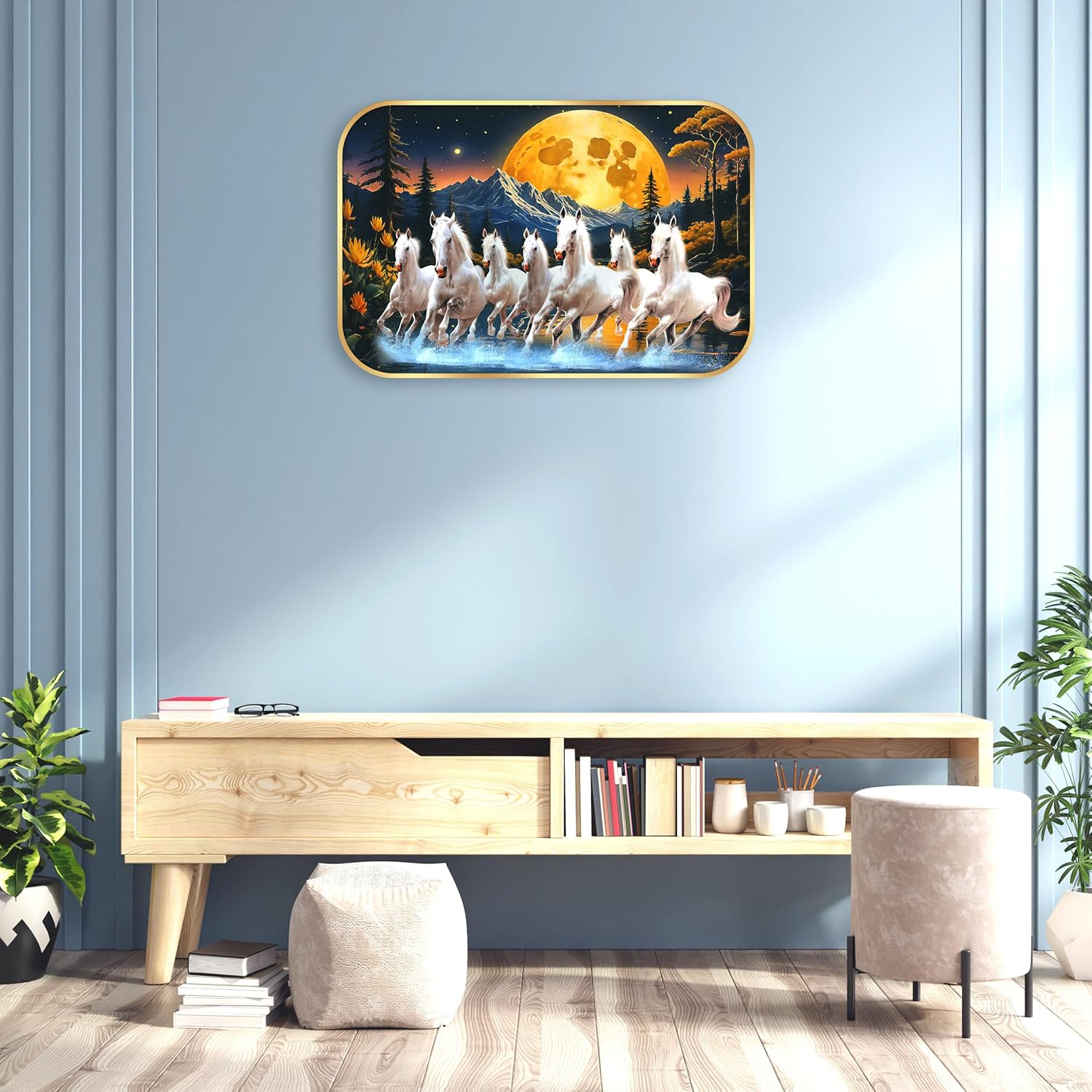 Indianara Seven Running White Horses Wall Art, Gold Frame, picturesque Scene, 45 x 30 cm (10909)