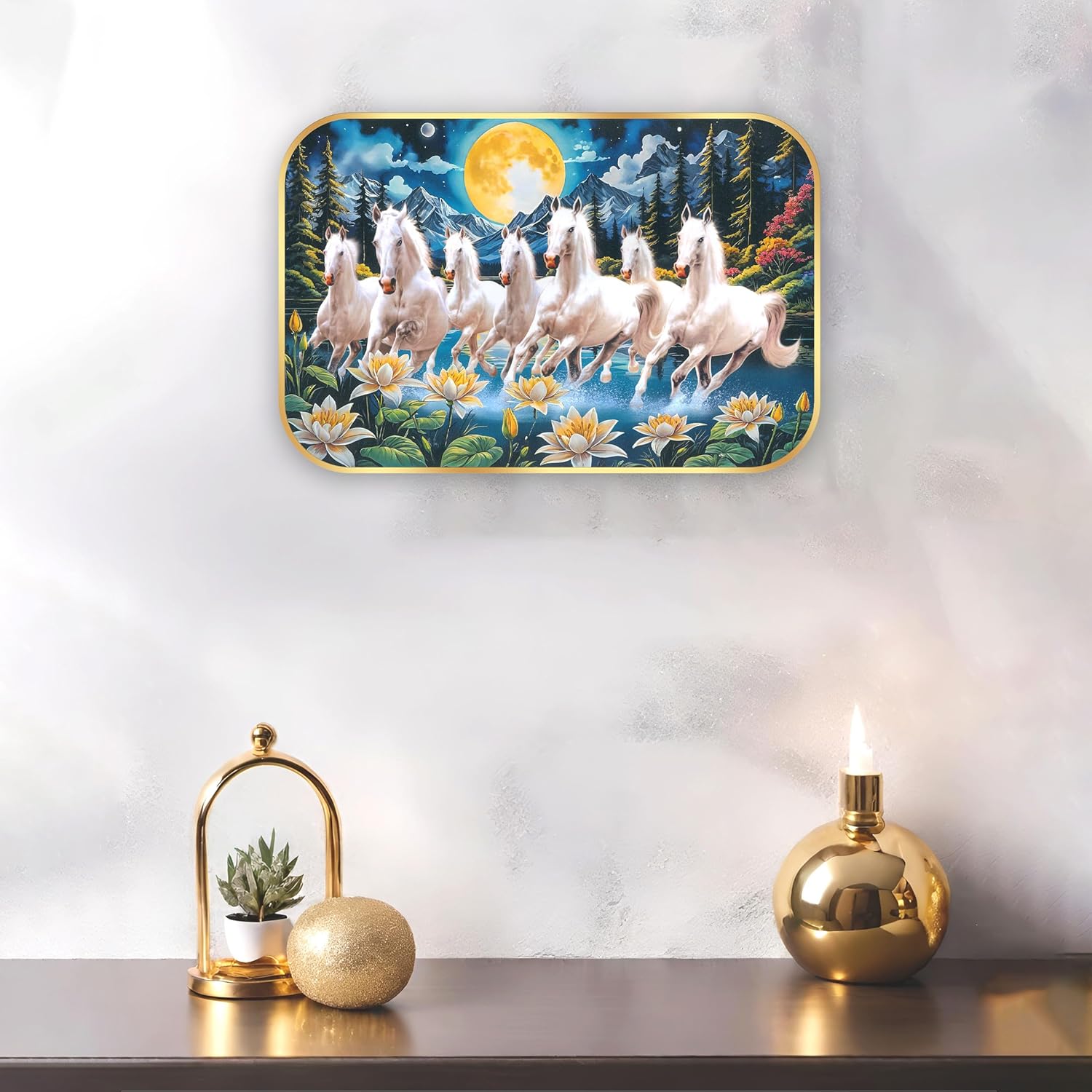 Indianara Seven Running White Horses Wall Art, Gold Frame, Night Scene with Purple Flowers, 45 x 30 cm (10915)