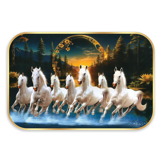 Indianara Seven Running White Horses Wall Art, Gold Frame, picturesque Scene, 45 x 30 cm (10903)