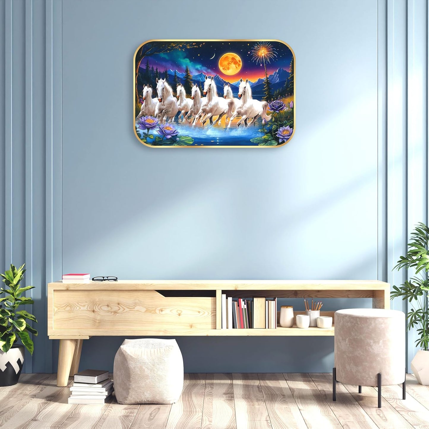 Indianara Seven Running White Horses Wall Art, Gold Frame, picturesque Scene, 45 x 30 cm (10905)