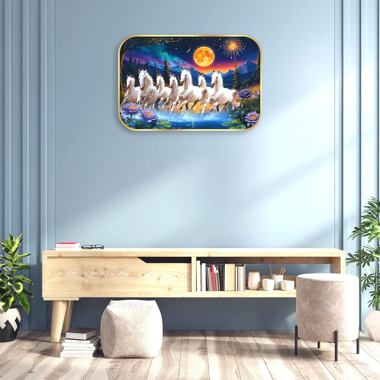 Indianara Seven Running White Horses Wall Art, Gold Frame, picturesque Scene, 45 x 30 cm (10905)