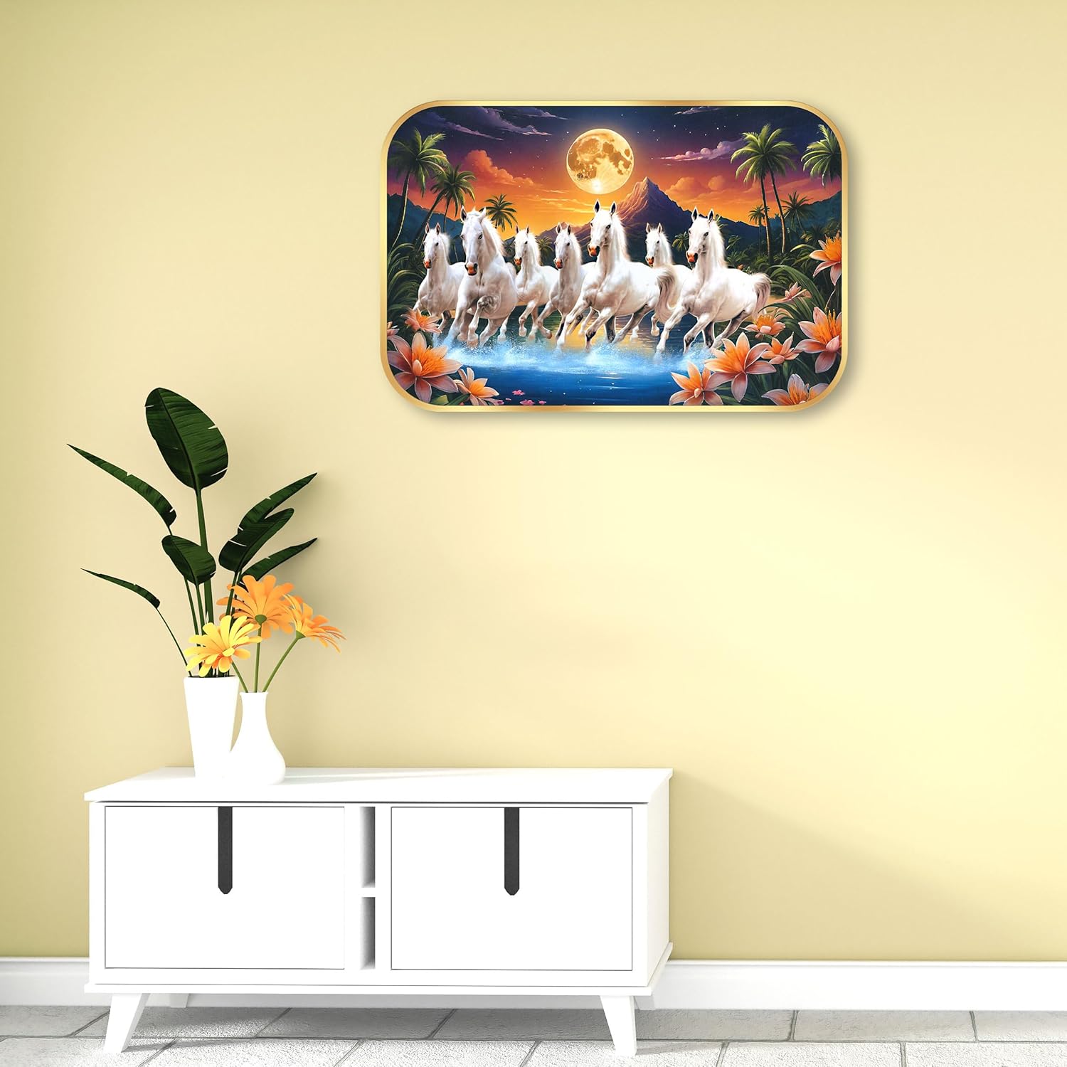 Indianara Seven Running White Horses Wall Art, Gold Frame, picturesque Scene, 45 x 30 cm (10907)