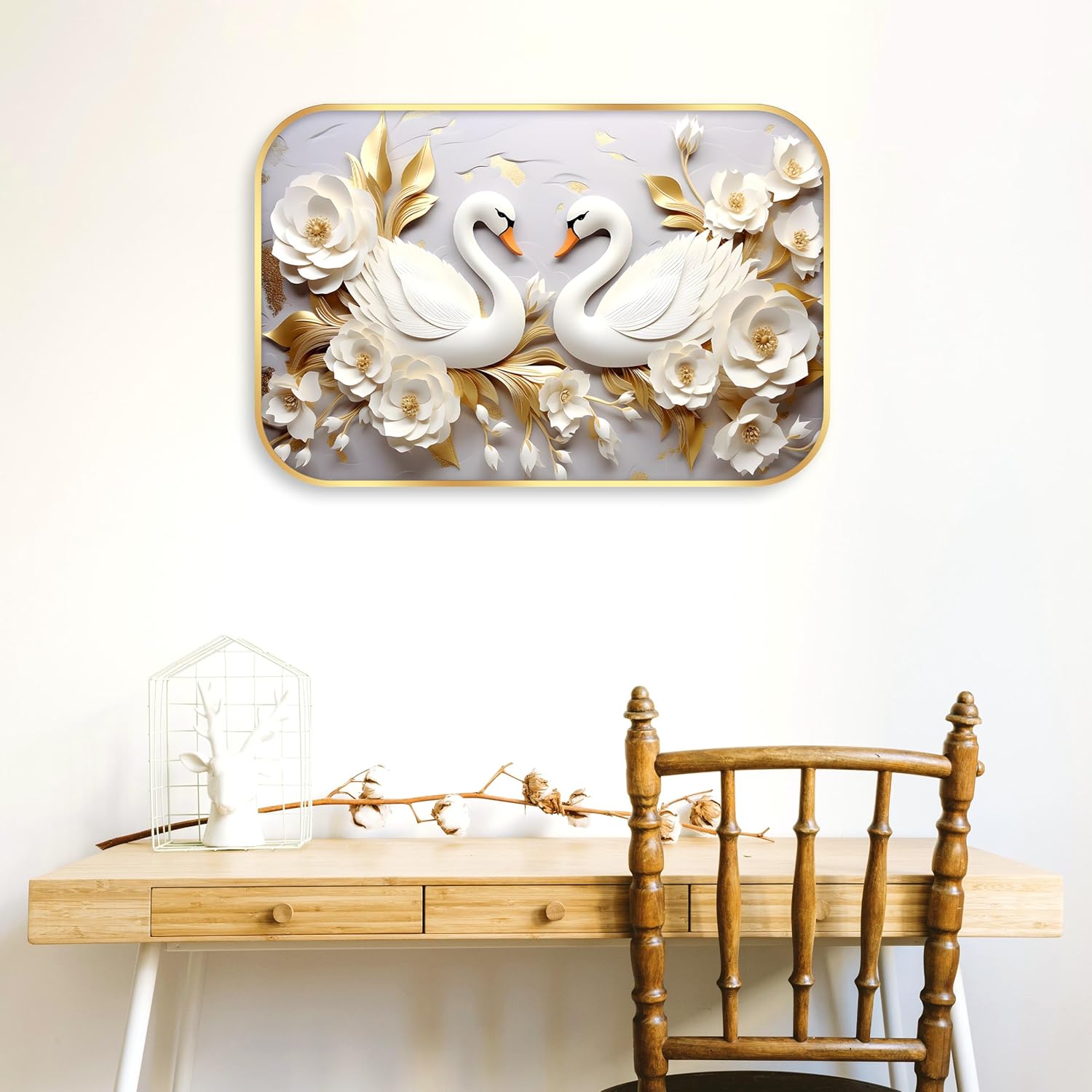 Indianara White Swan Wall Art with Gold Roses, Digital Print, Gold Frame, 45 x 30 cm, Landscape